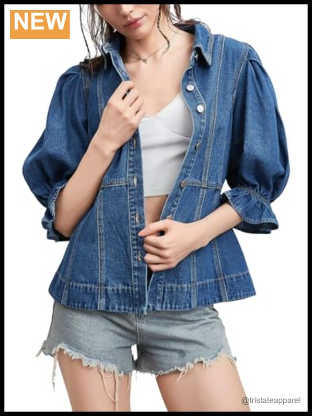 Women's Short Sleeve Denim Shirt V-Neck Puff Sleeve Button Down Blouse Top